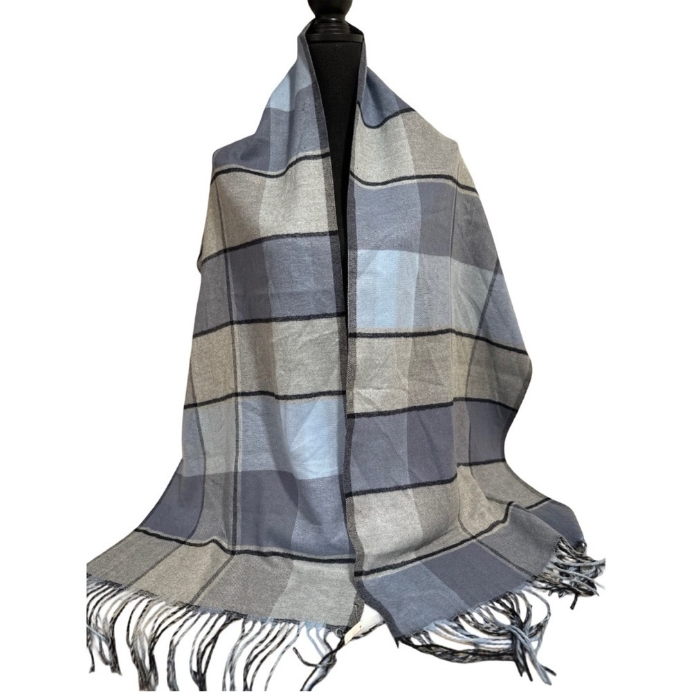 Super SoftDouble sided Plaid & Checked Pattern Blue Toned Long Scarf NEW - Picture 4 of 17